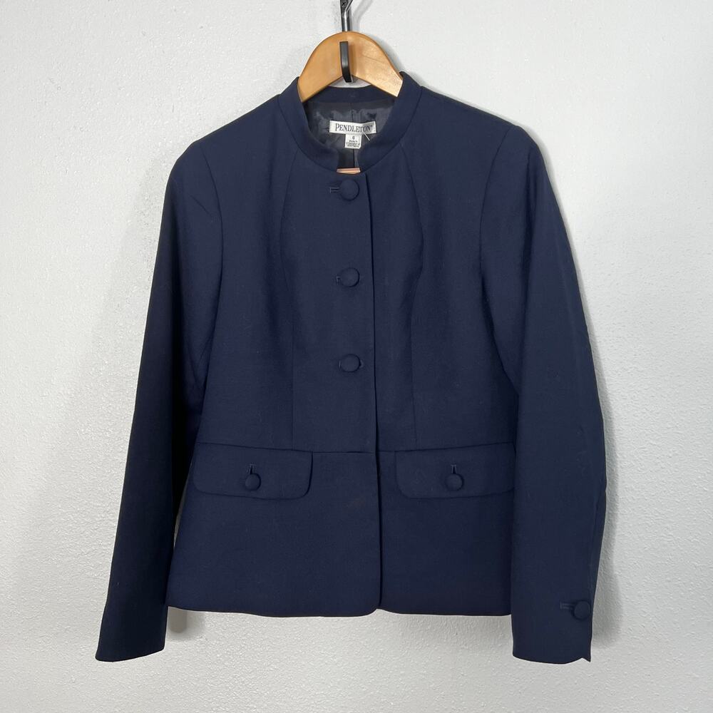Vintage Pendleton Virgin Wool Jacket Navy Button Up Pockets Long Sleeve Sz 6